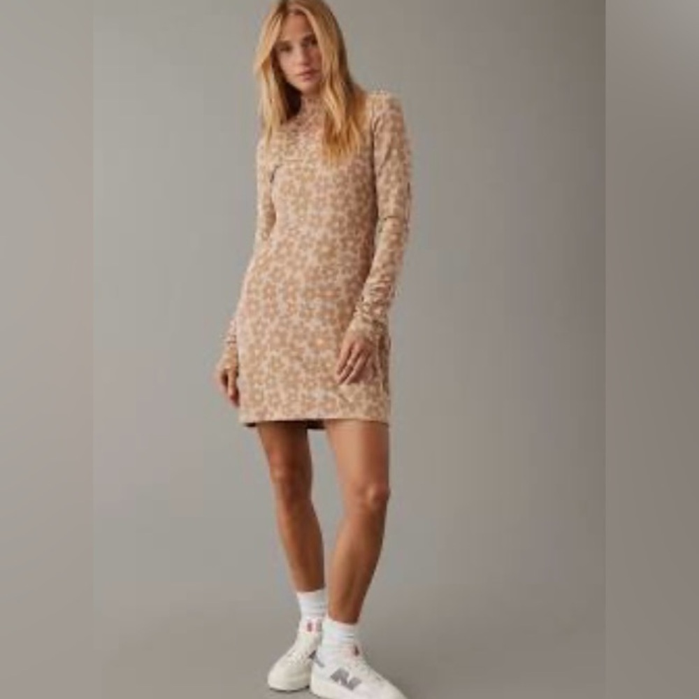 American Eagle Tan, floral, seventies inspired dress.